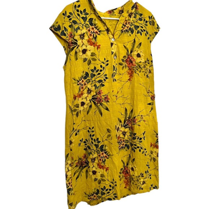 Yellow‎ Floral Linen Dress With Pockets